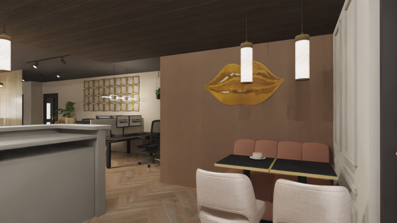 Interieur van een modern kantoor met kunst op de muur en elegante meubels.