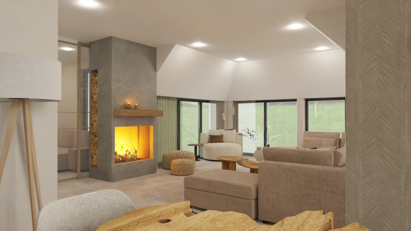 Woonkamer Moderne woonkamer met open haard, comfortabele meubels en grote ramen met uitzicht op de natuur.