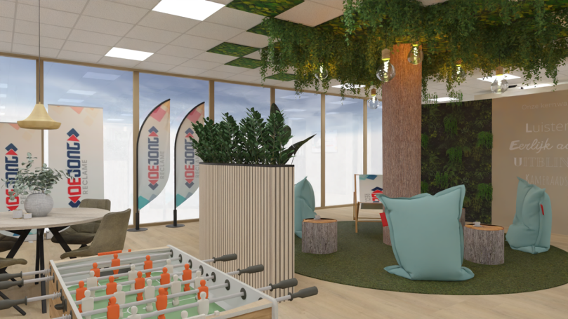 Experience Room Moderne sfeervolle showroom met een groene wand, zitplekken en een tafelvoetbalspel.
