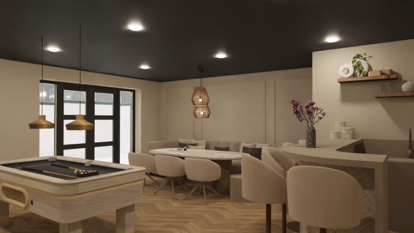 Kelder Modern keuken met eetruimte, houten vloer, witte meubels en stijlvolle verlichting.