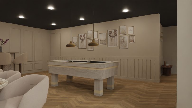 Kelder Moderne ruimte met biljarttafel en stijlvolle wanddecoratie.
