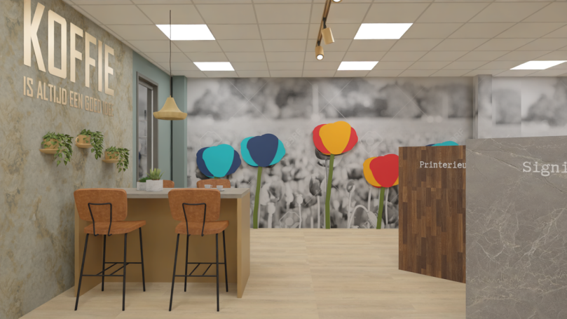 Experience Room Gezellige koffiebar met kleurrijke bloemenwand en gouden hoge tafel.