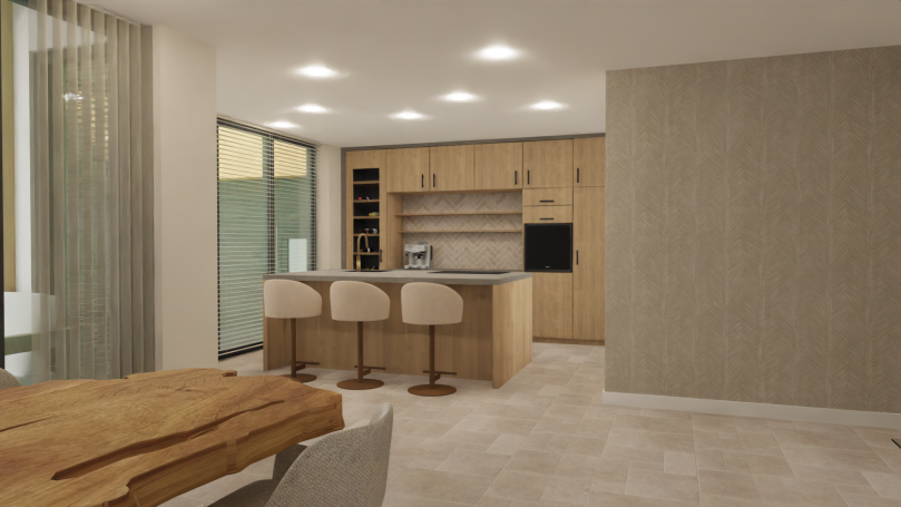Keuken Moderne keuken met houten kasten, barstoelen en een eetgedeelte in neutrale kleuren.