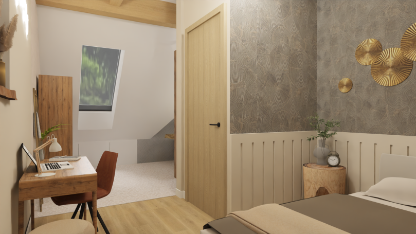 Slaapkamer 2 Slaapkamer met bureau, moderne inrichting en houten accenten, lichte kleuren en raam.