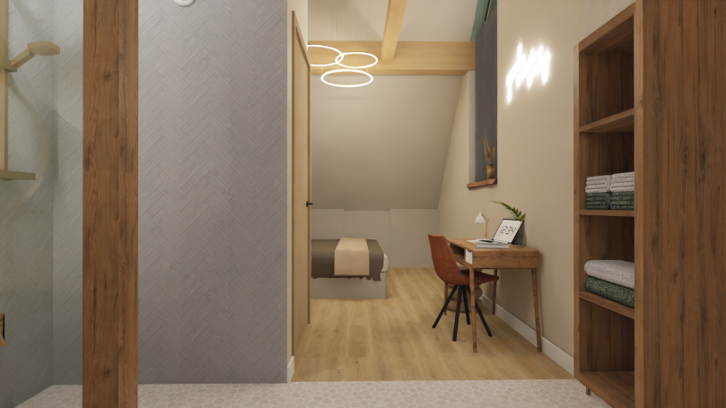 Slaapkamer 2 Moderne slaapkamer met houten vloeren, bureau en boekenplank, warme verlichting.
