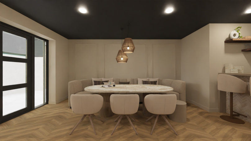 Kelder Moderne eetkamer met een ovale tafel en zachte, ronde stoelen.