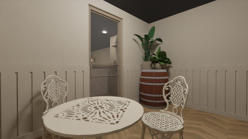 Wijnkelder Witte tafel en stoelen in een lichte kamer met een plantenpot en een houten vat.