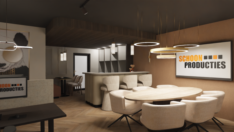 Moderne ontvangstruimte met een ronde tafel en hotel-chique inrichting.