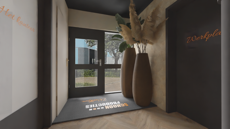 Moderne entree met grote planten en een welkomsttapijt.