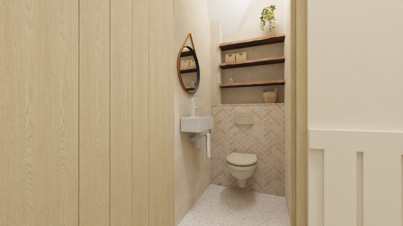 Toilet verdieping Moderne badkamer met toilet, houten elementen en hexagonale tegels.