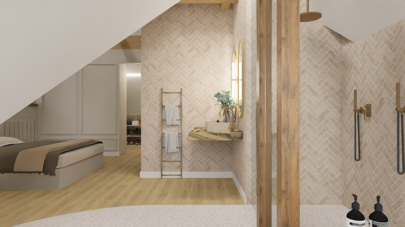 Badkamer slaapkamer Sfeervolle slaapkamer met moderne inrichting en een elegante badkamerhoek.