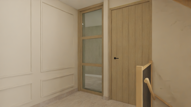 Hal begane grond Moderne gang met een houten deur en een glazen paneel, lichte neutrale kleuren.