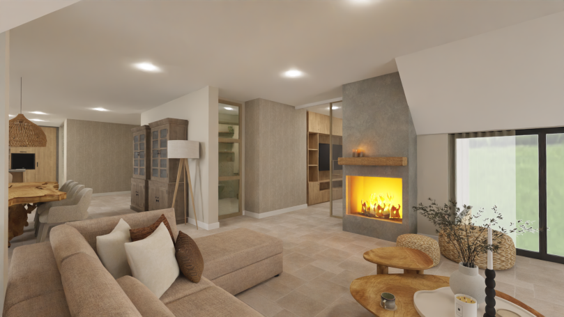 Woonkamer Moderne woonkamer met beige interieur, open haard en grote ramen.