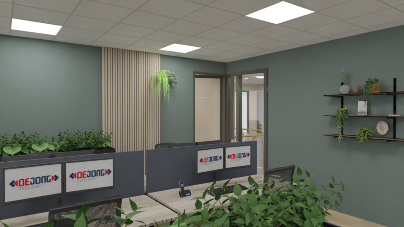 Kantoor Moderne kantoorruimte met groene planten en bureau's, lichtblauwe muren, houten wandpanelen en verlichting.