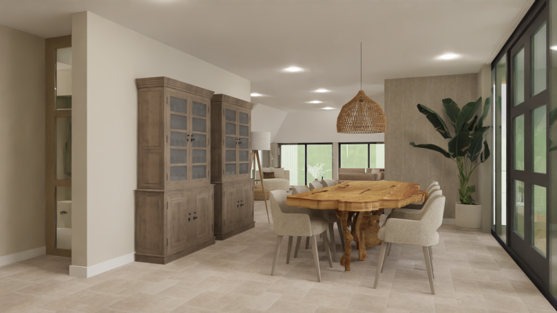 Eetruimte Moderne eetkamer met houten tafel, stoelen en een grote kast, omringd door ramen.