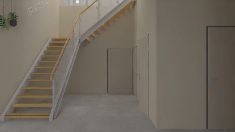 Entree Trap in een neutrale ruimte met een deur en groene planten aan de muur.