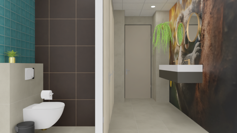 Toiletruimte Modern badkamer met toilet, wasbak en kleurrijke wanddecoratie.