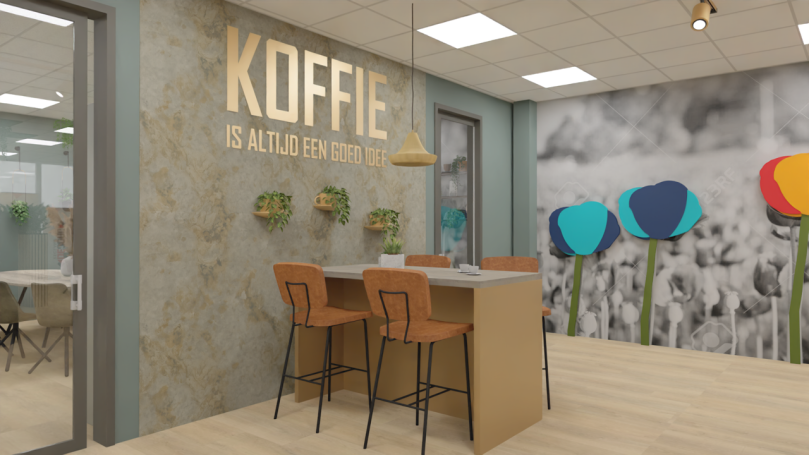 Experience Room Gezellige koffiebar met kleurrijke bloemenwand en gouden hoge tafel.