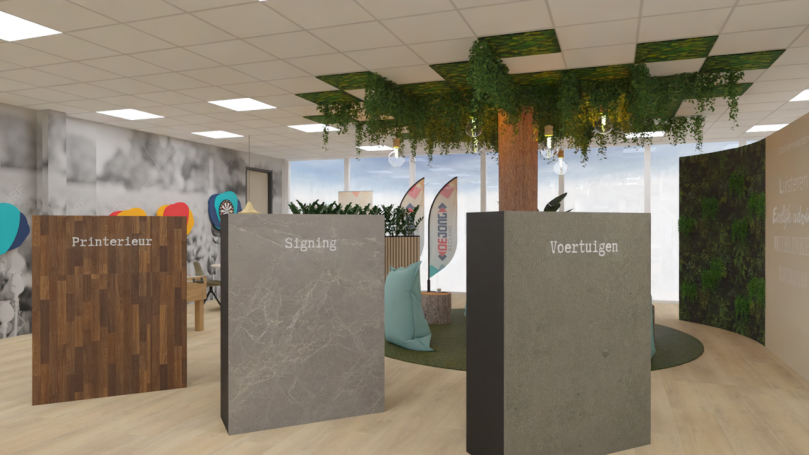 Experience Room Moderne showroom met planten, kleurrijke decoraties en textuurpanelen.