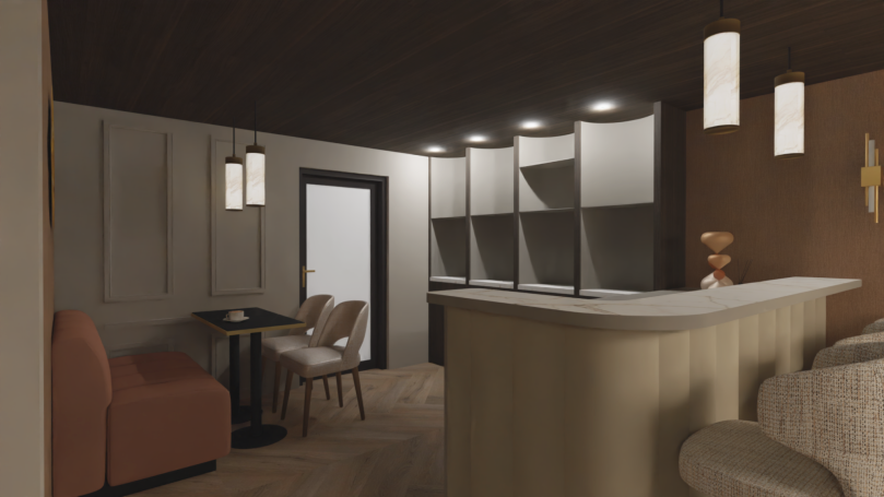 Modern kantoor met bar, eettafel en comfortabele zithoek in neutrale kleuren.