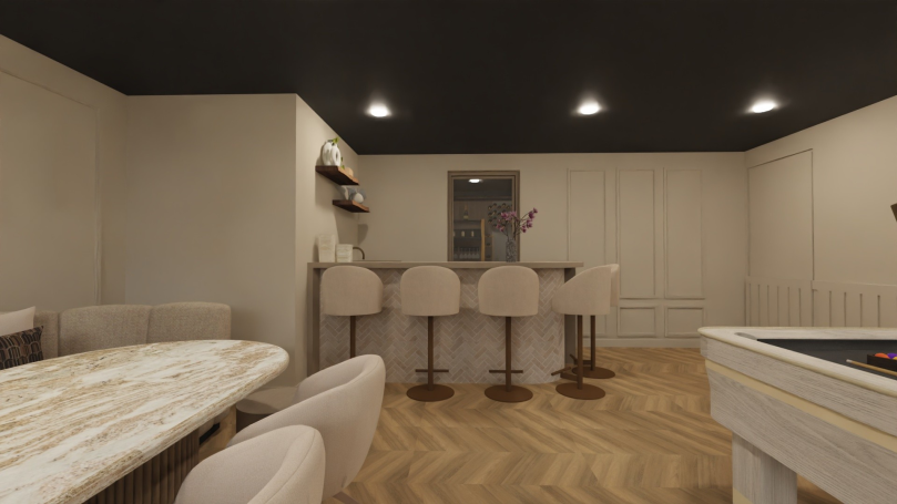 Kelder Moderne keuken met een bar, stijlvolle stoelen en een eettafel in een neutrale kleurenschema.