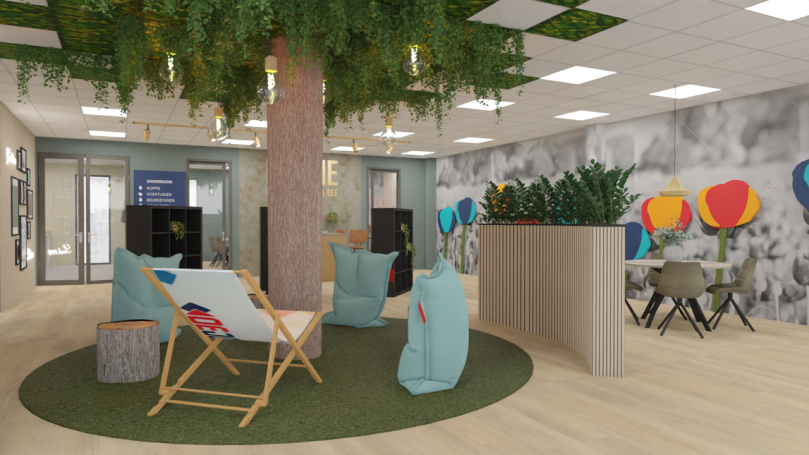 Experience Room Moderne showroom met groene planten, zithoek en kleurrijke decoraties.