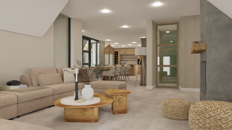 Woonkamer Moderne woonkamer met beige banken, houten tafels en een open keuken. Neutralen kleurenpalet.