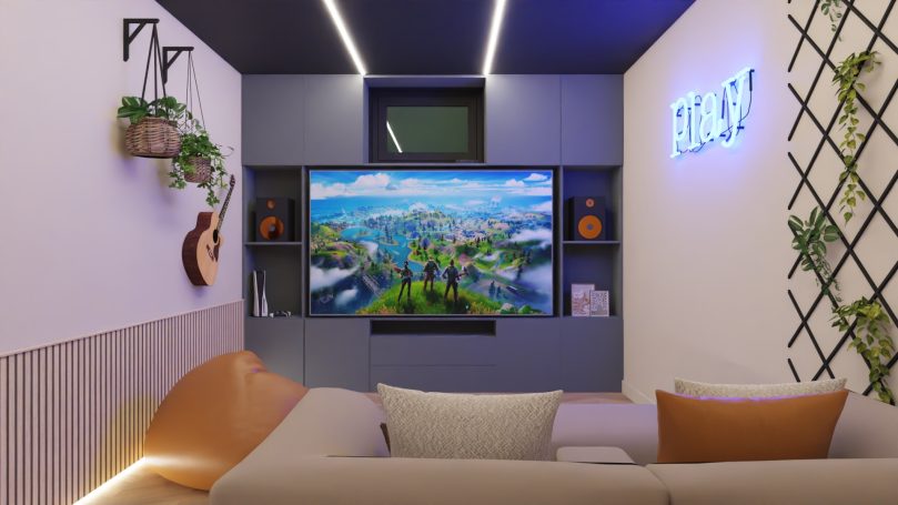 Gameroom kelder Moderne woonkamer met een grote tv, zachte banken en groene planten.
