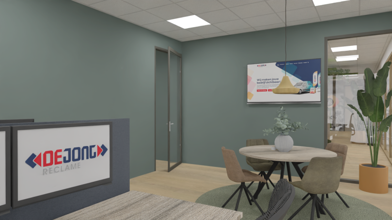 Kantoor Moderne kantoorinrichting met een vergadertafel en blauwe muur.