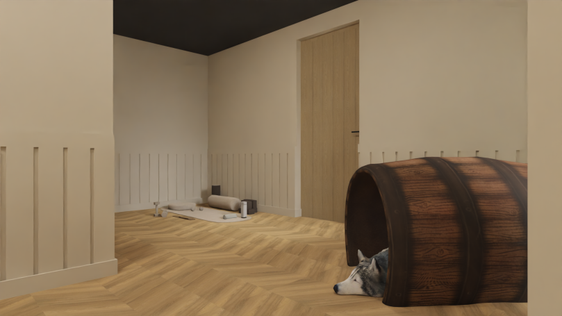 Kelder Interieur van een kamer met een houten vat en een deur, met een huisdier op de grond.