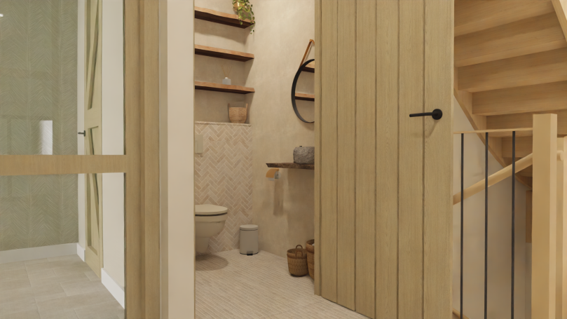 Toilet begane grond Modern badkamer met houten accenten en moderne sanitair. Trap in de achtergrond.