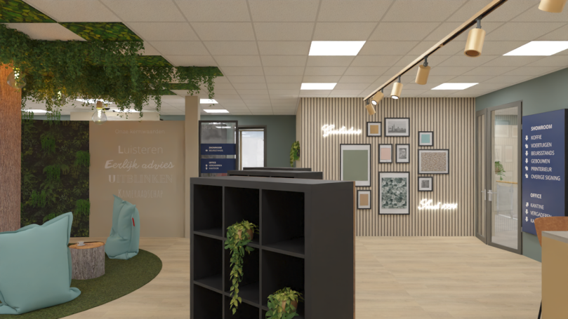 Experience Room Moderne Experience Room met planten, kleurrijke decoraties en presentatiekasten.