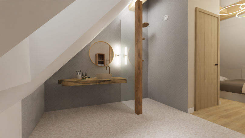 Badkamer slaapkamer 2 Moderne, stijlvolle ruimte onder een schuine daken met een houten wastafel en gordijnen.