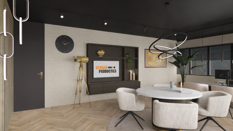 Moderne kantoor met een ronde tafel, stoelen, planten en stijlvolle decoratie.