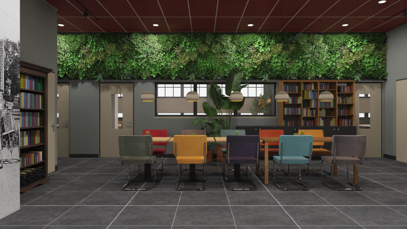 Entree Moderne vergaderruimte met groenwand, boekenkast en kleurrijke stoelen rond een grote tafel.