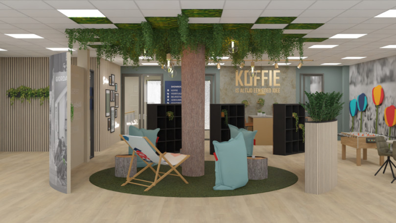 Experience Room Sfeervolle Experience Room met groene planten, comfortabele zitzakken en een open indeling.