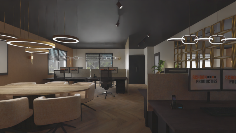 Moderne kantoorruimte met ronde lampen, vergadertafel en werkplekken.