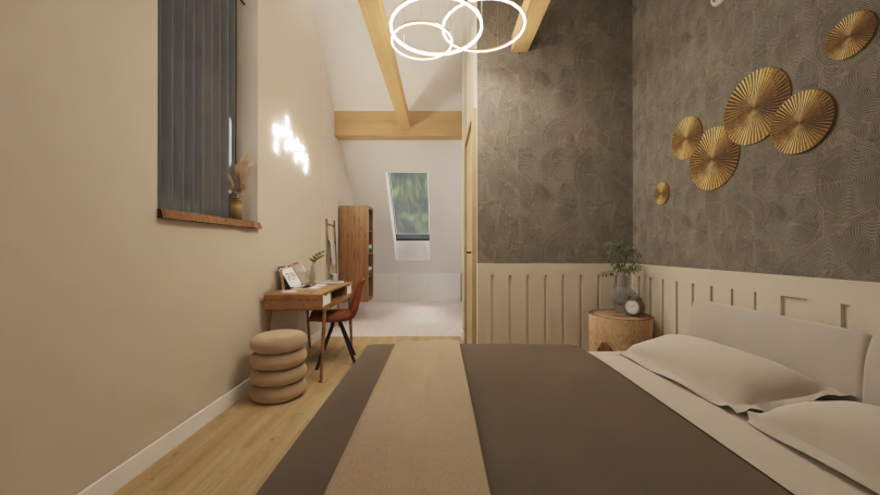 Slaapkamer 2 Moderne slaapkamer met houten elementen en een lichte, luchtige uitstraling.
