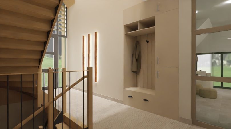 Hal begane grond Moderne hal met trap, garderobe en grote ramen naar buiten.