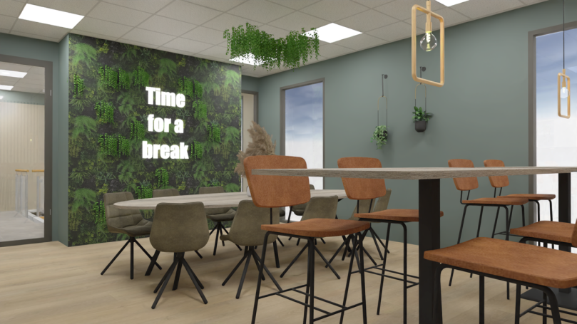 Kantine Sfeervolle kantine met blauwe wand en hoge tafels met hoge stoelen.