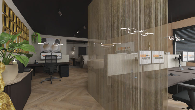 Moderne kantoorruimte met houten vloer, planten en scheidingswanden.