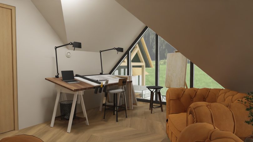 Atelier bijgebouw Moderne werkomgeving met bureau, stoelen en uitzicht op een groene tuin.