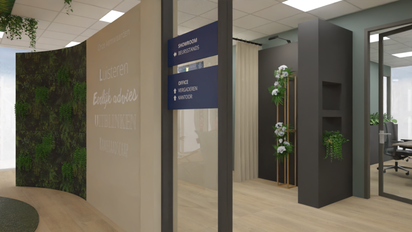 Experience Room Moderne showroom met groene planten en een beursstand.