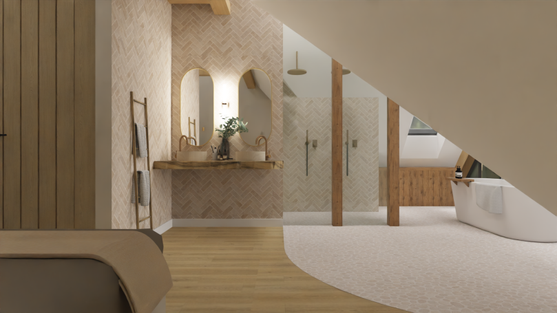 Badkamer slaapkamer Moderne badkamer met houten accenten, dubbele spiegels en een vrijstaand bad.
