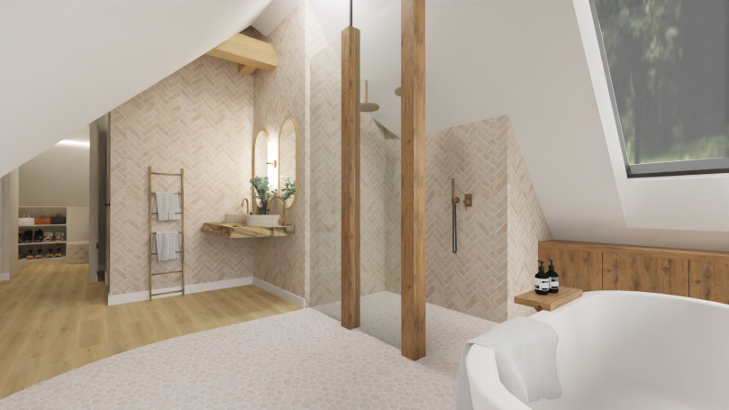 Badkamer slaapkamer Moderne badkamer met douche, bad en houten accenten in een lichte ruimte.