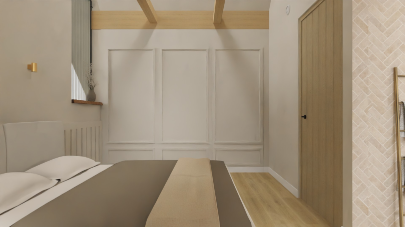 Slaapkamer inloopkast Moderne slaapkamer met een bed, lichte muren en houten accenten. De deur is zichtbaar.