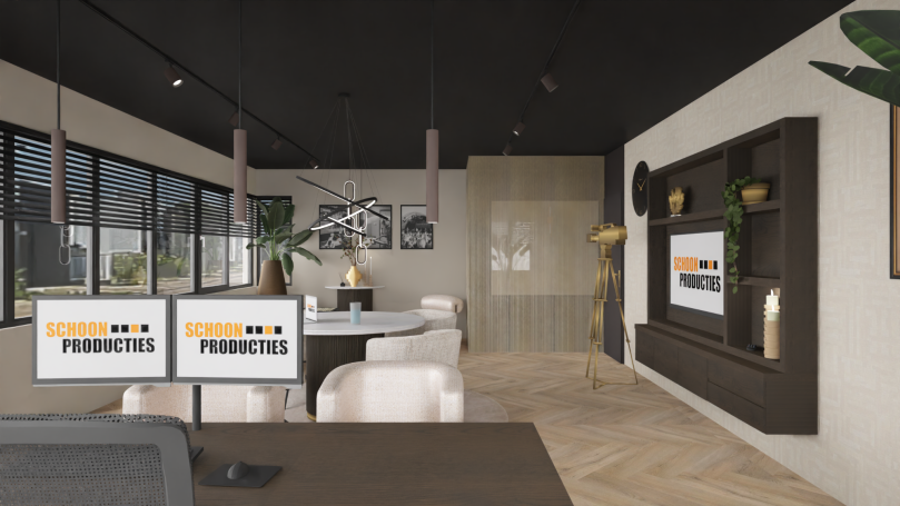 Moderne kantoorruimte met twee computerschermen en stijlvolle inrichting.