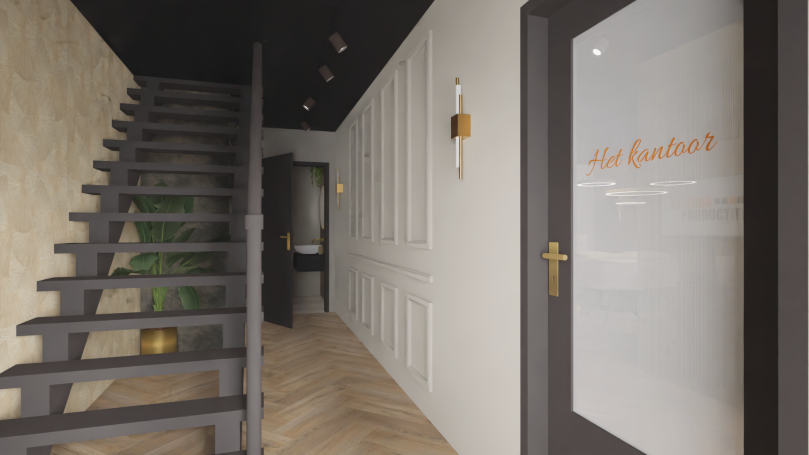 Moderne hal met trap, glazen deur en groene planten accentueren de ruimte.