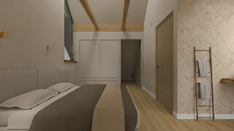 Slaapkamer inloopkast Sfeervolle slaapkamer met een bed, houten vloer en een deur naar een andere ruimte.