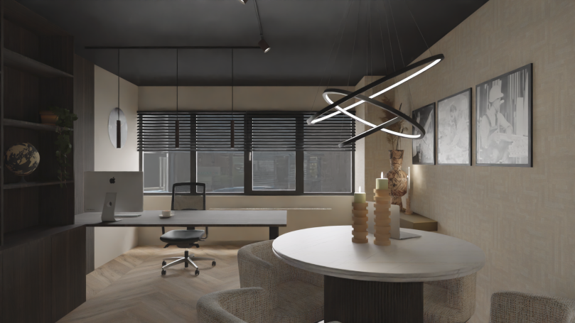 Moderne kantoorruimte met een kantoorstoel, vergadertafel en kunst aan de muur.